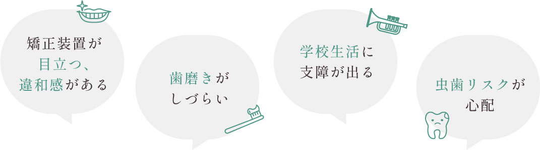 矯正装置が目立つ、違和感がある、歯磨きがしづらい、学校生活に支障が出る、虫歯リスクが心配